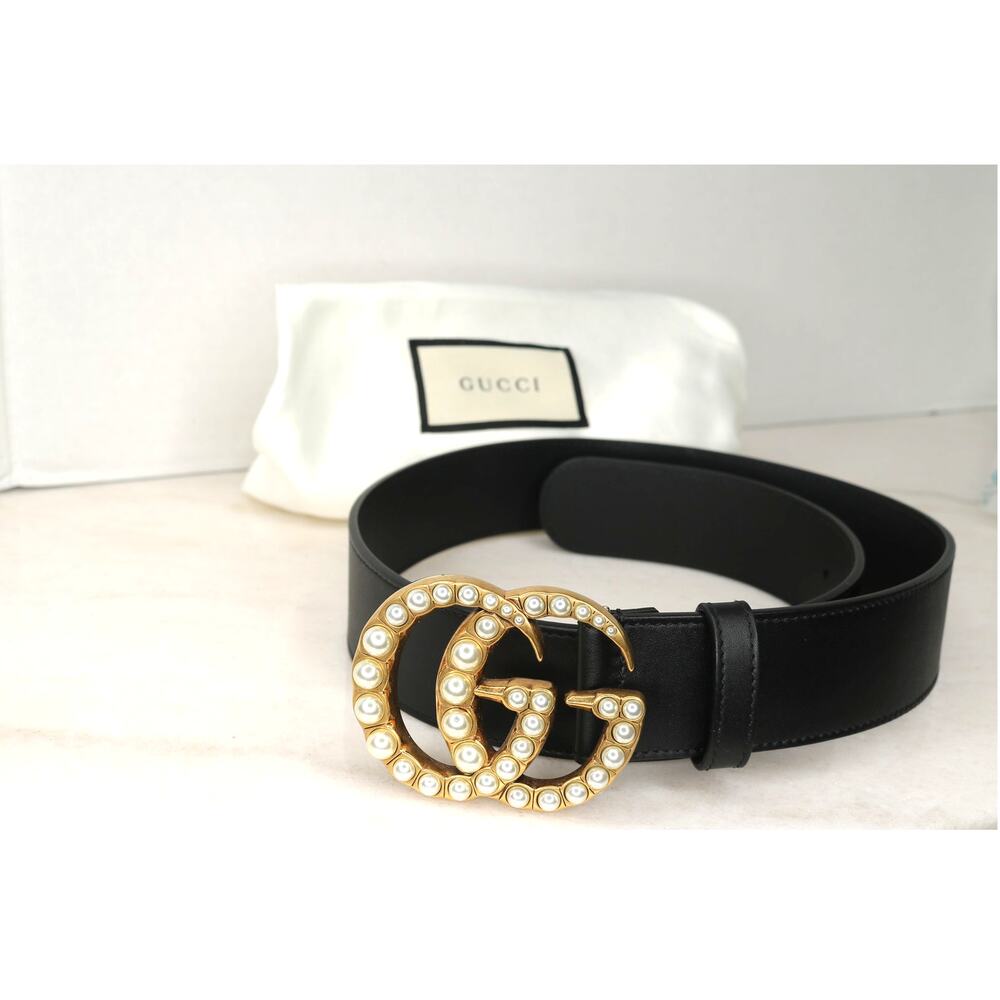 Gucci GG Marmont Pearl Double G Black Leather Wide Belt 75/30 Dust Bag